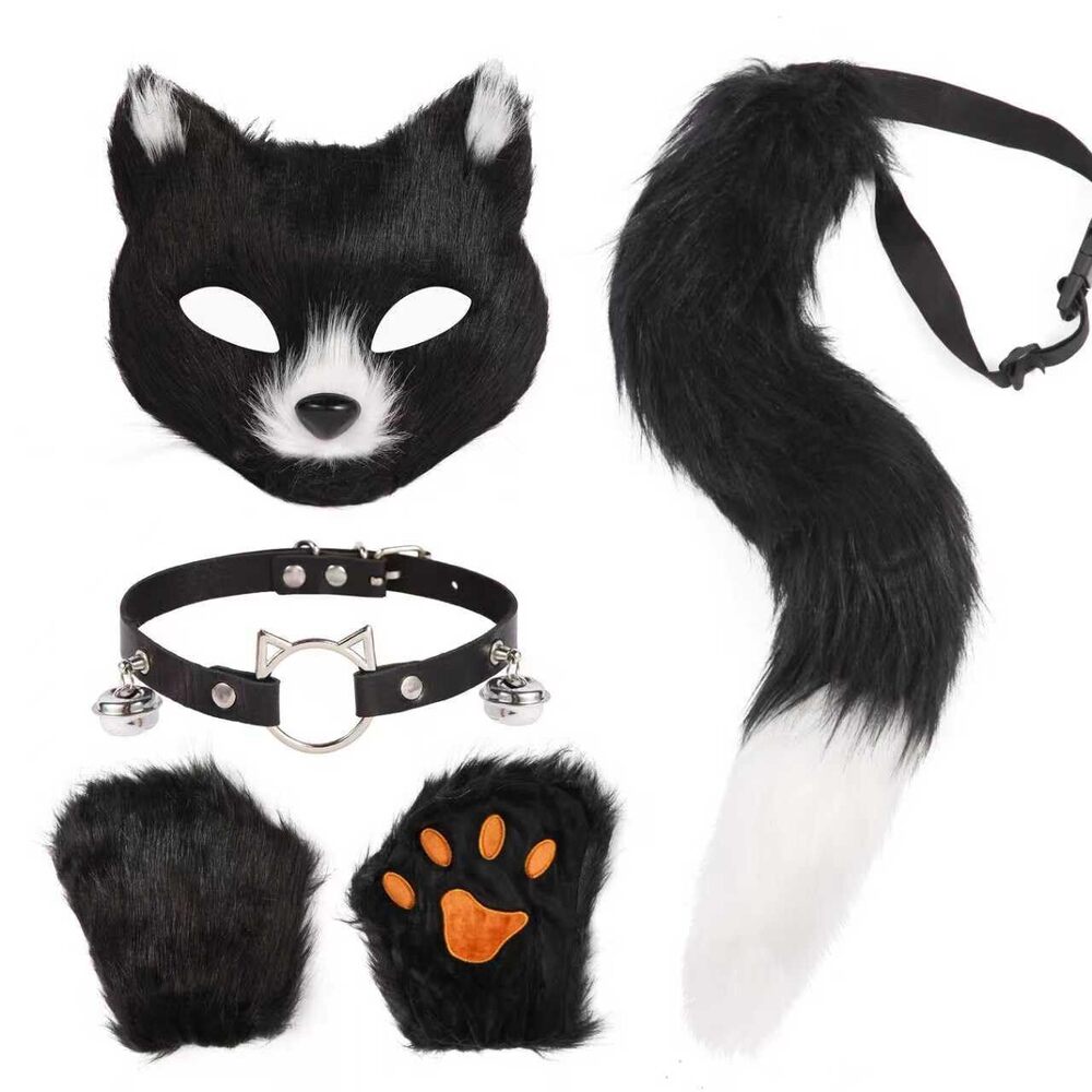 5784 4 Pcs Faux Fur Therian Mask And Tail Set For Halloween